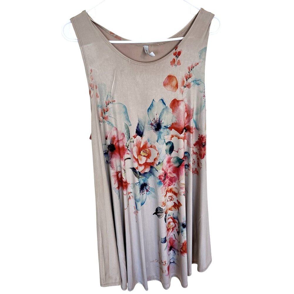 Womens Sleeveless Mini Dress Acting Pro 2X Floral Beige Swing Tunic Top Tank